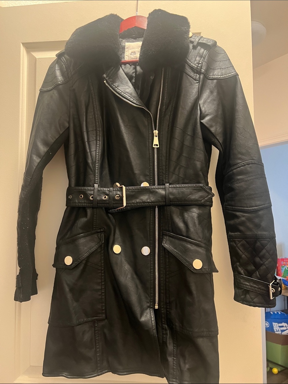 River Island Black Faux Leather Faux Fur Belted Moto Jacket Coat